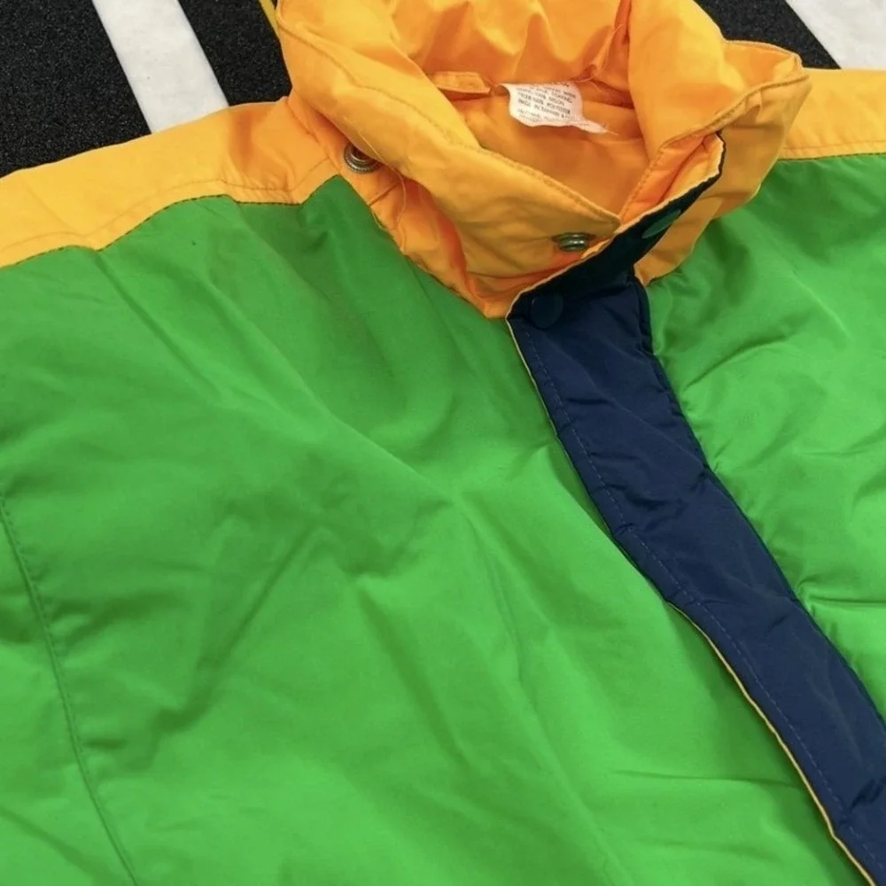 Max Active Puffer Jacket Kids L Green Navy Yellow Vintage Colorblock 73618